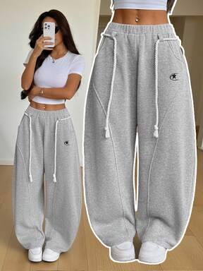 SHEIN PETITE Women's Light Grey Winter Athleisure Sporty Gym Sweatpants,Fall Streetwear Back To School Preppy Casual Elastic Waistband Curved Hem Wide Leg Pants