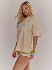 MUSERA 超大款“阳光亲吻”图案印花T恤，春夏可爱少女风，适合度假、海滩、日常休闲穿着。 - 彩色 - 查看 4