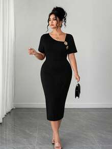 Elenzga Đầm ôm sát tay ngắn xẻ tà, cổ bất đối xứng, thời trang, thanh lịch dành cho nữ - màu đen - Xem 3