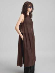Ontre Áo kiểu nữ cổ tròn không tay, chất liệu hơi xuyên thấu, cài cúc bên hông, kiểu dáng dài, thoải mái, phù hợp cho công sở, đi làm, đi nghỉ mát, dự đám cưới hoặc tiệc tùng, mã sản phẩm 2026SS. - màu nâu - Xem 5