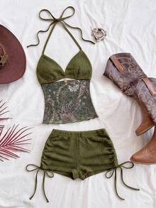 Soleia 女士复古度假风V领露背系带修身撞色上衣搭配低腰褶皱抽绳短裤两件套，适合派对、圣诞节、约会、夜店、海滩、邮轮、下午茶、波西米亚风、度假、秋季等场合。 - 綠色 - 查看 4