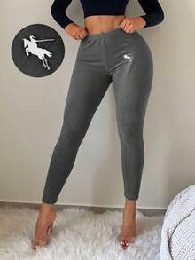 SHEIN SXY Women's Casual Sports Daily Commute Versatile Knight Embroidery Leggings - Dark Grey - View 3