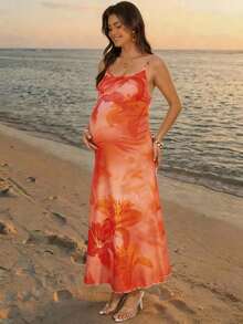 SHEIN 孕妇夏季海滩度假印花无袖连衣裙 - 橘色 - 查看 4