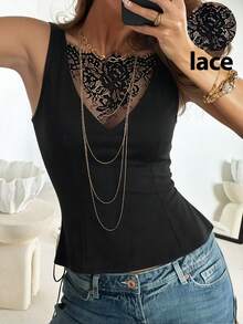 Siren Gaze 女士无袖蕾丝拼接衬衫，春夏款 - 黑色 - 查看 8