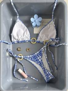 Swim Mod 女士夏季两件套格子印花随机三角上衣系带比基尼泳衣套装 - 藍色 - 查看 3