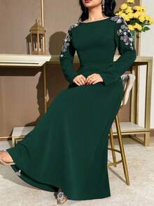 Modelyn Plus Size Elegant Party Sequin Embroidered Dress Fall - Dark Green - View 8