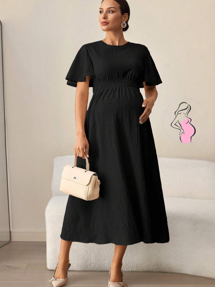MaterniWear 孕妇夏季休闲纯色圆领短袖连衣裙 - 黑色 - 查看 1