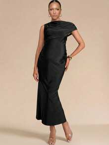 MaterniChic Vestido elegante de maternidad de unicolor con drapeado ajustado - Negro - Ver 2