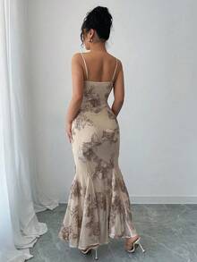 Rafferiza 女士优雅吊带提花针织修身鱼尾连衣裙 - 卡其色 - 查看 2