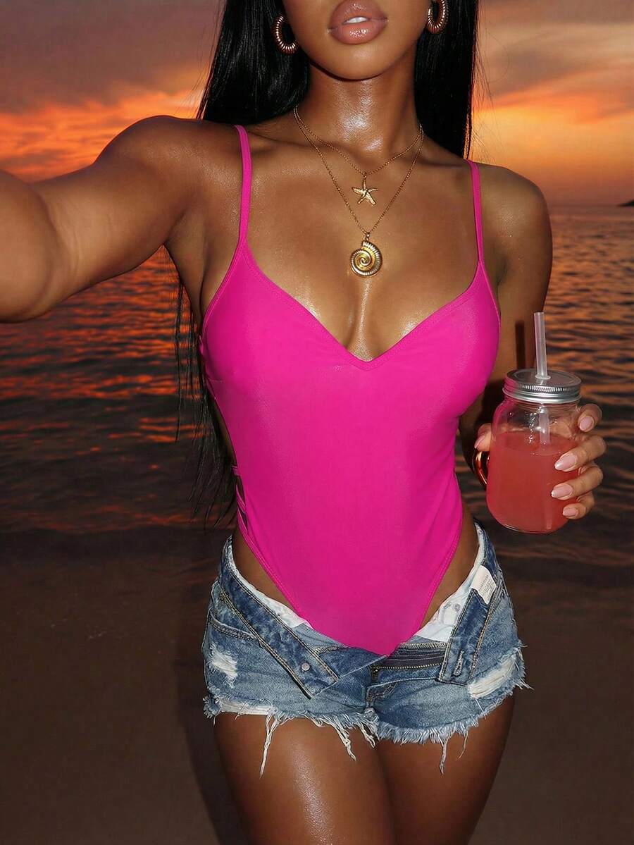 Slaydiva 1 bộ đồ bơi liền thân hở lưng gợi cảm màu trơn cho nữ, dành cho kỳ nghỉ hè ở bãi biển - Màu Hồng Tươi - Xem 1