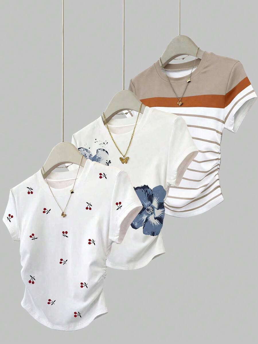 SHEIN 3pcs/Set Kaos Wanita Musim Panas Motif Buah Ceri Baru, Bunga & Garis-garis - MultiWarna - View 1