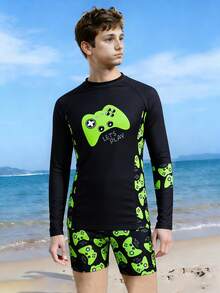 SHEIN Đồ bơi thường ngày in họa tiết cổ tròn dài tay cho bé trai tuổi mới lớn - màu đen - Xem 4