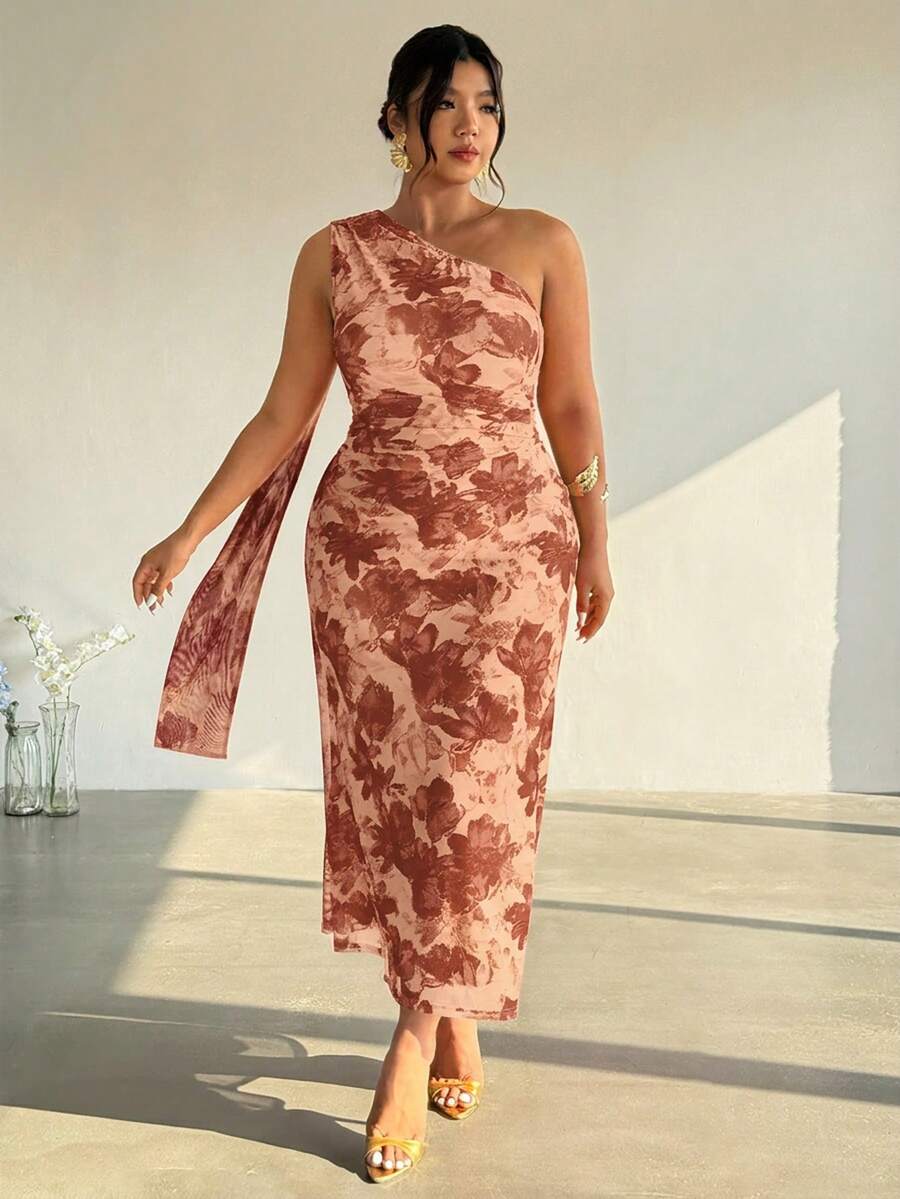 Firerie 大码女士优雅浪漫时尚通勤性感优雅不对称领口修身长裙，适合派对、海滩度假、返校、浪漫约会、婚礼季、生日、复活节装扮、春夏连衣裙 - 棕色 - 查看 1