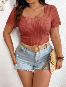 SHEIN Frenchy Plus Size Women Casual Ribbed Square Neck T-Shirt - Orange - View 5