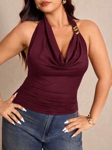 Elaquor Plus Size Women Fashion Solid Color Halter Backless Top - Burgundy - View 4