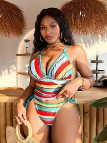 Slaydiva Große Größen Damen Sommer Strand gestreifter sexy Träger Tankini Set - Verschiedenfarbig - Übersicht 4