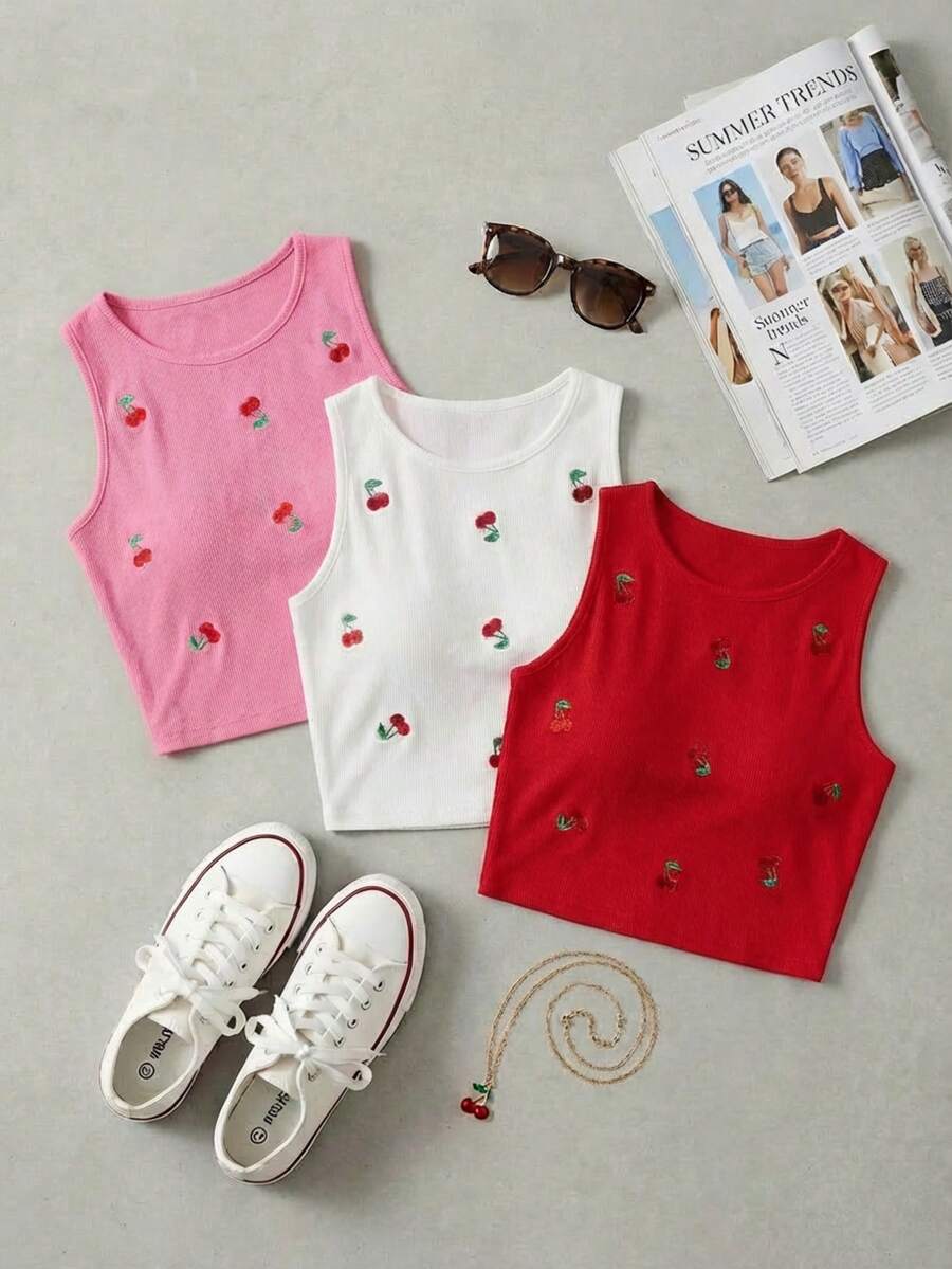 Set Of 3 Short Tops Sleeveless Cute Withs - Red - View 1