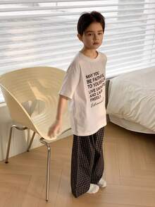 Dazy Kids Tween Boy Slogan Print Short Sleeve T-Shirt And Plaid Pants Pajama Set Summer - White - View 6
