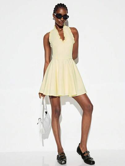 GENKIRA Nuevo vestido mini con cuello halter y volantes para mujer