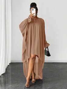 Maweii Plus Size Elegant Solid Color Off-Shoulder Front Short Back Long Dress, Summer - Khaki - View 4