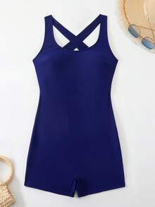 SHEIN Swim SPRTY Áo tắm liền thân màu đen ôm sát lưng chữ Y dành cho nữ, thích hợp cho mùa hè. - Màu xanh hải quân - Xem 3