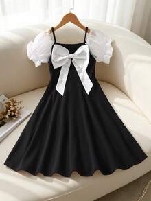 Elladie kids 1pc Tween Girl Color Block Bowknot Camisole Snug Fit Dress - Black - View 2