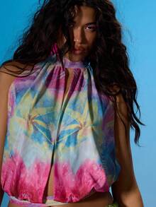 MUSERA Printed High Neck Keyhole Cutout Front Balloon Style Fitted Waist Top Summer Sexy Going Out Beach Holiday Ibiza Club Tropical Fever Y2K - Multicolor - View 2