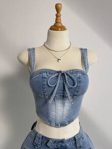 Elamini 女士夏季时尚街头休闲水洗前打结修身露脐牛仔背心和紧身迷你裙套装 - 藍色 - 查看 4