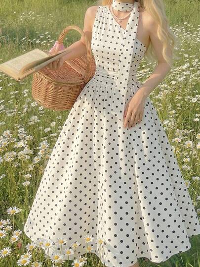 SHEIN MOD Women's Polka Dot Pattern Sleeveless Midi Dress, Festival Dresses, Party Dress, Summer, Wedding Guest Dress For Women, Graduation Dress, Elegant Dresses For Women, Music Festival Outfits, Tea Party Dress, Polka Dot Dress, Vintage Inspired Polka Dot A Line Midi Dress For Women, 1950s Dress For Women, Ribbon Dress, Luxury Evening Dresses For Women, Graduation Dress For Women