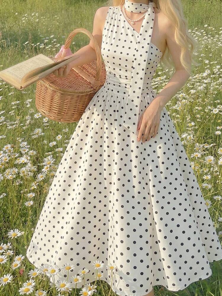 SHEIN MOD Đầm midi không tay họa tiết chấm bi dành cho nữ - Đen và trắng - Xem 3