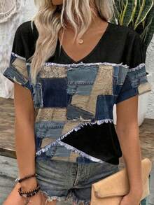 夏季牛仔印花拼接V领插肩袖T恤 - 彩色 - 查看 3