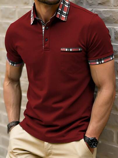 Manfinity Mode Plus Size Men's Casual Business Patchwork Plaid Print Short Sleeve Polo Shirt, Summer