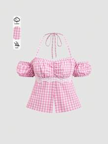 Sweetra Áo kiểu nữ tính, màu hồng trơn, cổ yếm, tay phồng, điểm nhấn ren, phong cách sinh viên, họa tiết kẻ caro, nhẹ nhàng, thích hợp cho mùa hè. - Hồng - Xem 3