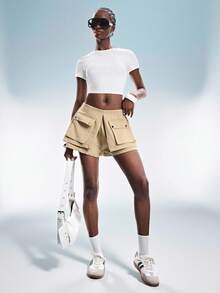 GENKIRA Khaki Casual Fashion Multi-Pocket Cargo Style Skirt Shorts - Khaki - View 7