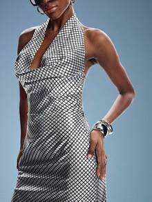 Silver Foil Plaid Backless Draped Neck Dress, Sexy Elegant Vintage Party Versatile Long Dress For Women - Silver - View 7