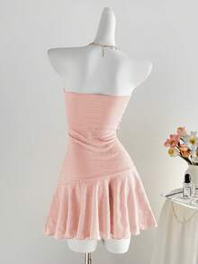 Sweetra Đầm ngắn nữ màu vàng dệt kim jacquard họa tiết sao biển kim loại, viền bèo nhún, thắt eo, phong cách bohemian thanh lịch, thích hợp dự tiệc, hẹn hò, thường ngày, đa năng, mùa xuân/hè. - Hồng - Xem 2