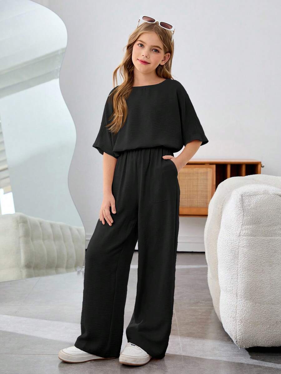 Firerie Kids Firerie Kids Set 2 Potong Nova Glow untuk Liburan Anak Perempuan Remaja, Warna Polos, Leher Bulat, Lengan Pendek - Hitam - View 1