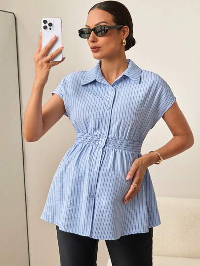 MaterniWear Áo sơ mi ngắn tay cài cúc phía trước, họa tiết kẻ sọc, dành cho bà bầu
