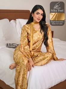 DAZY Bộ đồ ngủ nữ thanh lịch gồm áo dài tay và quần dài, họa tiết hoa jacquard. - Hồng - Xem 4