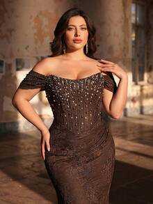 Aureia Plus Size Elegant Brown Winter Evening Formal Party Dress, Off-Shoulder Luxury Pearl & Rhinestone French Lace Mermaid Gown With Train Fishtail - Brown - View 4