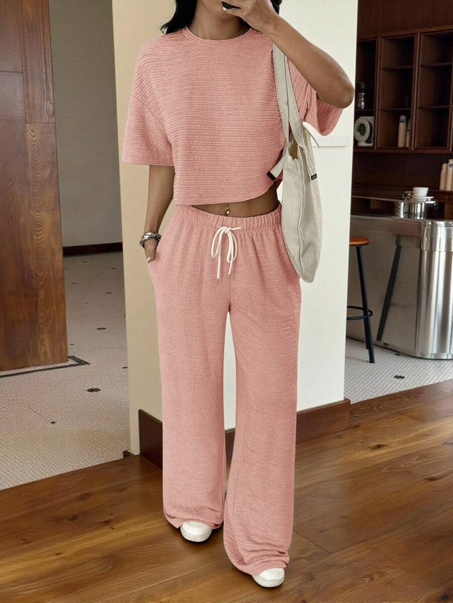 SHEIN EZwear 女士休闲度假风宽松露脐上衣搭配抽绳阔腿裤套装，桃皮绒面料，春夏秋季 - 藕粉色 - 查看 1