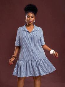Slaydiva Plus Size Summer Casual Striped Front Button Dress - Royal Blue - View 3