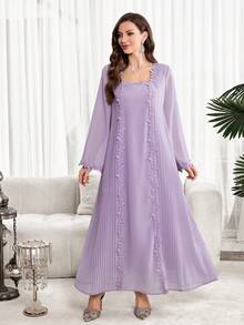 Al Najma Đầm Ả Rập dáng rộng thanh lịch dành cho nữ, chất liệu ren tan trong nước, kiểu dáng chắp vá, thích hợp cho mùa xuân/thu. - Màu Lilac Tím - Xem 4