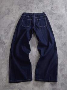 Manfinity ZONE917 男士蓝色阔腿牛仔裤，带口袋和拉链 - 藍色 - 查看 2