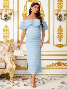 SHEIN Maternity Off-Shoulder Ruffle Trim Textured Fabric Long Dress For Summer - Baby Blue - View 3