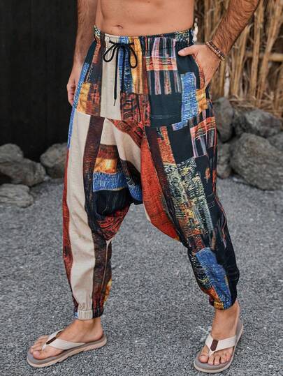 VENTUSAIL Men's Casual Loose Plaid Patchwork Harem Pants, Hip Hop Style,Men Old Money,Daily Leisure, Weekend Trips, Outdoor Activities, Travel Expeditions, Relaxed Work Environments Or Semi-Formal Occasions, Boyfriend/Husband Gift, Anniversary /Birthday Gift Party Summer Vacation Holiday,Wedding,Spring To Summer,Easter,Y2k,Vintage,Men's Abstract Print Drop Crotch Harem Sport Pants With Drawstring Waist And Elastic Cuffs,Patchwork Pants,Boho Pants Men,Men Festival Pants,Hippie Pants Men,Boho Pants