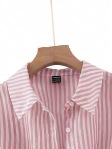 Franclia 法式优雅梭织翻领长袖系带开衫，条纹女式衬衫，秋季新品 - 粉色 - 查看 5