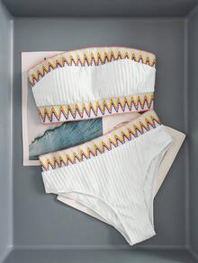 Swim Chiccia Set Bikini Bandeau Patchwork Pantai Musim Panas Wanita, Motif Bandeau Acak - Putih - View 6