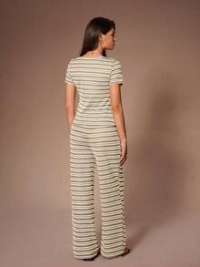 Lazeform Comfortable & Fashionable Striped Scoop Neck Short Sleeve Loungewear Set - Khaki - View 2