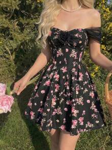 SHEIN MOD Off-Shoulder Fishtail Waist Flared Floral Print Mini Dress With Black Background - Multicolor - View 3